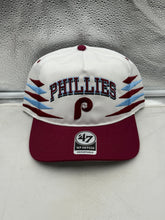 Load image into Gallery viewer, Philadelphia Phillies MLB &#39;47 Brand White Diamond Hitch Adjustable Snapback Hat displayed on a mannequin showcasing its classic design and white color.
