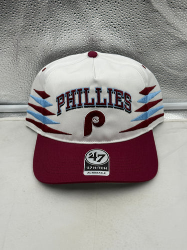 Philadelphia Phillies MLB '47 Brand White Diamond Hitch Adjustable Snapback Hat displayed on a mannequin showcasing its classic design and white color.