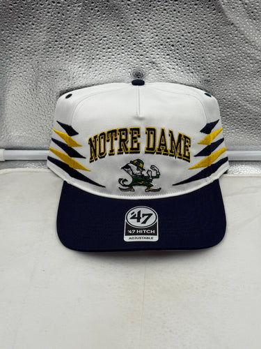 Notre Dame Fighting Irish NCAA '47 White Diamond Hitch Snapback Adjustable Hat showcasing the trendy diamond pattern and classic team logo, perfect for game day or casual wear.