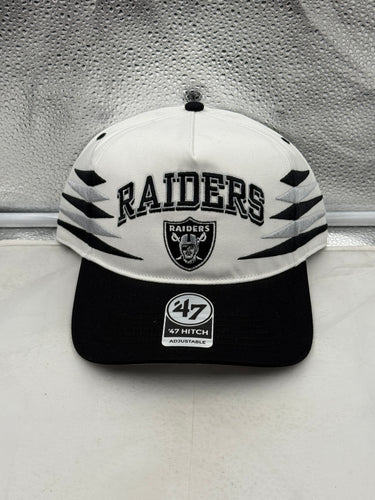 Las Vegas Raiders NFL '47 Brand White TT Diamond Hitch Snapback Adjustable Hat displayed on a mannequin to showcase its stylish design and Raiders logo.