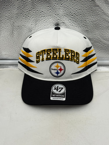 Pittsburgh Steelers NFL '47 Brand White TT Diamond Hitch Snapback Adjustable Hat showcasing a stylish diamond hitch pattern and bold Steelers logo.