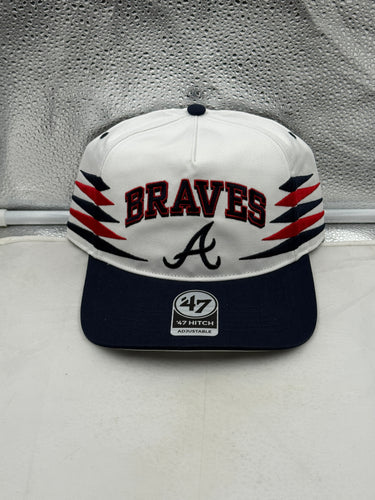 Front view of the Atlanta Braves MLB '47 Brand White TT Diamond Hitch Adjustable Snapback Hat showcasing its vibrant design and team logo, ideal for any Atlanta Braves hat fan.
