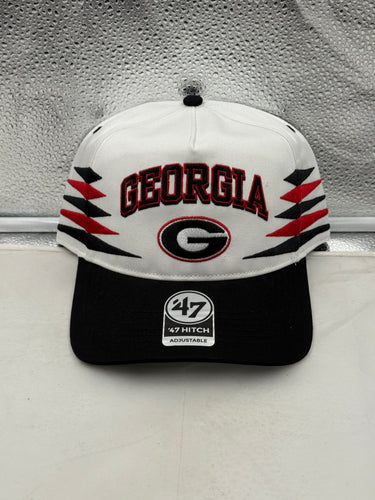 Georgia Bulldogs NCAA '47 Brand White TT Diamond Hitch Snapback Adjustable Hat displayed from a side angle, emphasizing the adjustable fit and iconic team logo.