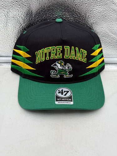 Notre Dame Fighting Irish NCAA '47 Black Diamond Hitch Snapback Adjustable Hat showcasing sleek black design and embroidered team logo.