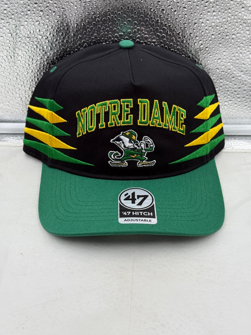 Notre Dame Fighting Irish NCAA '47 Black Diamond Hitch Snapback Adjustable Hat showcasing sleek black design and embroidered team logo.
