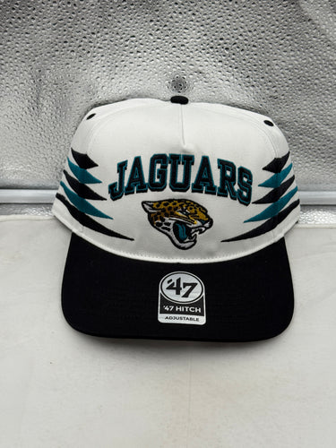 Jacksonville Jaguars NFL '47 Brand White Diamond Hitch Snapback Adjustable Hat showcasing the team's logo and diamond hitch pattern in vibrant colors.