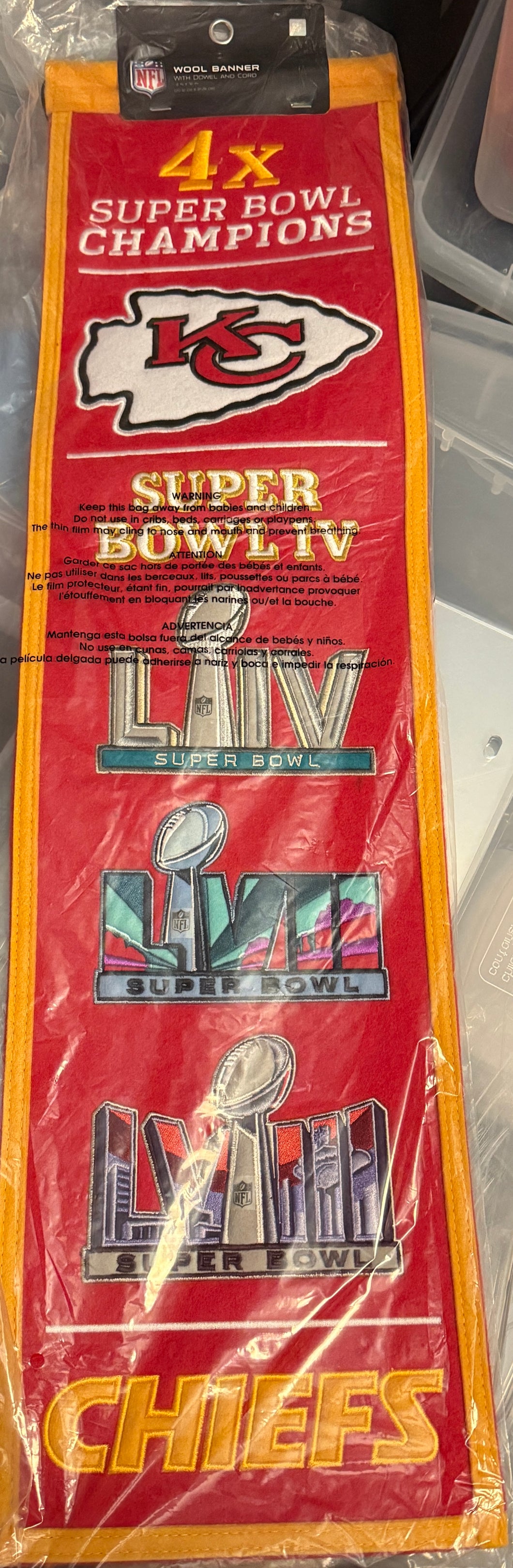 Kansas City Chiefs NFL 4X Super Bowl Champions Banner Embroidered Wool, 8