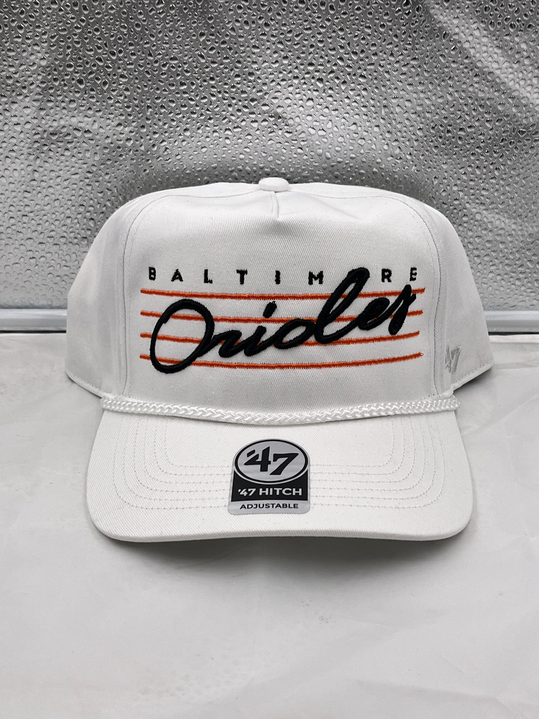 Baltimore Orioles MLB '47 Brand White Script Hitch Rope Adjustable Snapback Hat - Casey's Sports Store