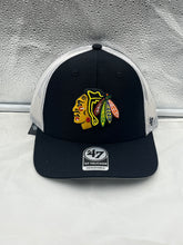 Load image into Gallery viewer, Chicago Blackhawks NHL &#39;47 Brand Trucker Black Adjustable Snapback Mesh Hat - Casey&#39;s Sports Store
