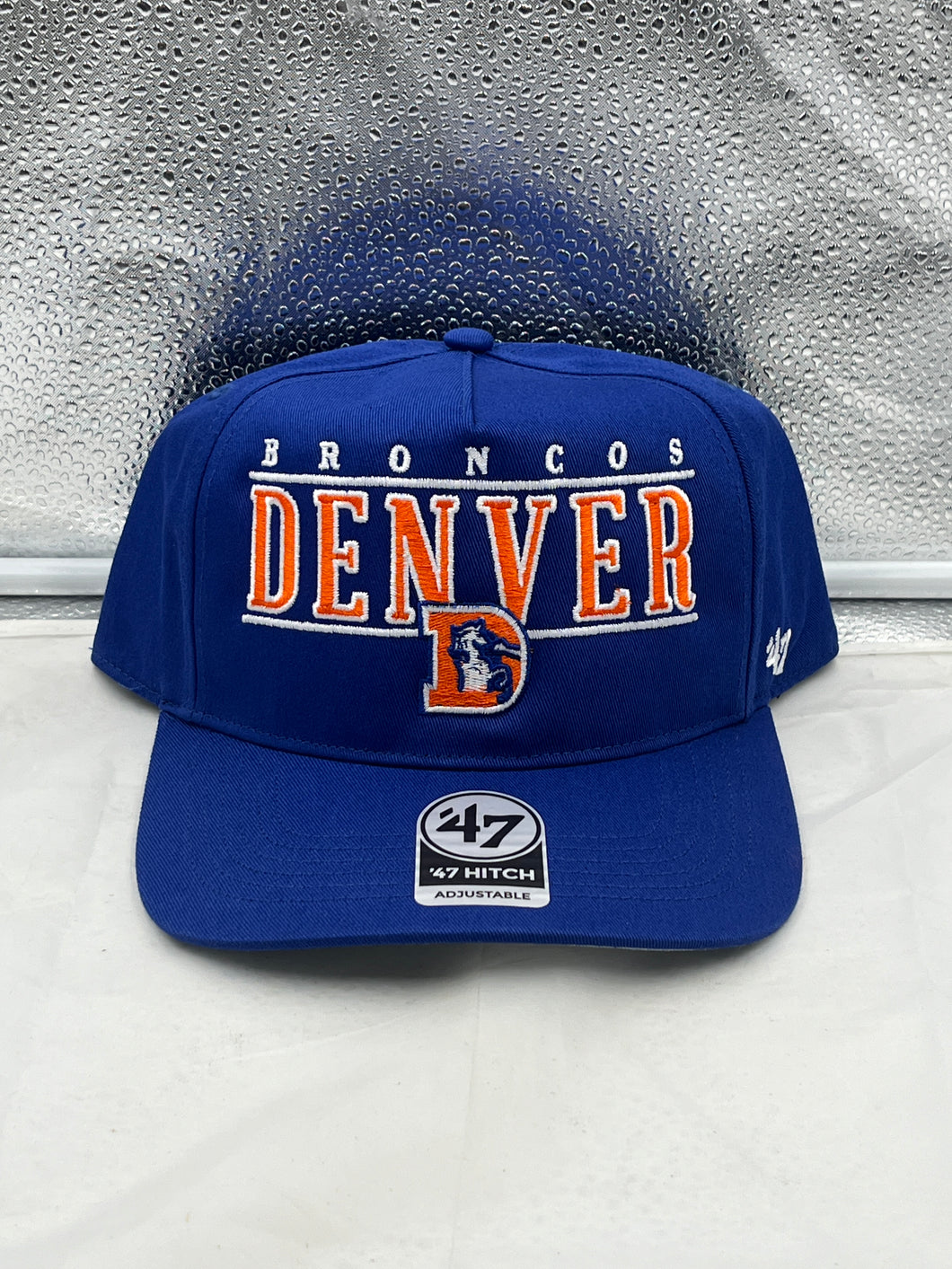 Denver Broncos NFL '47 Brand Throwback Blue Script Hitch Snapback Adjustable Hat showcasing the classic blue script logo with a vintage feel.