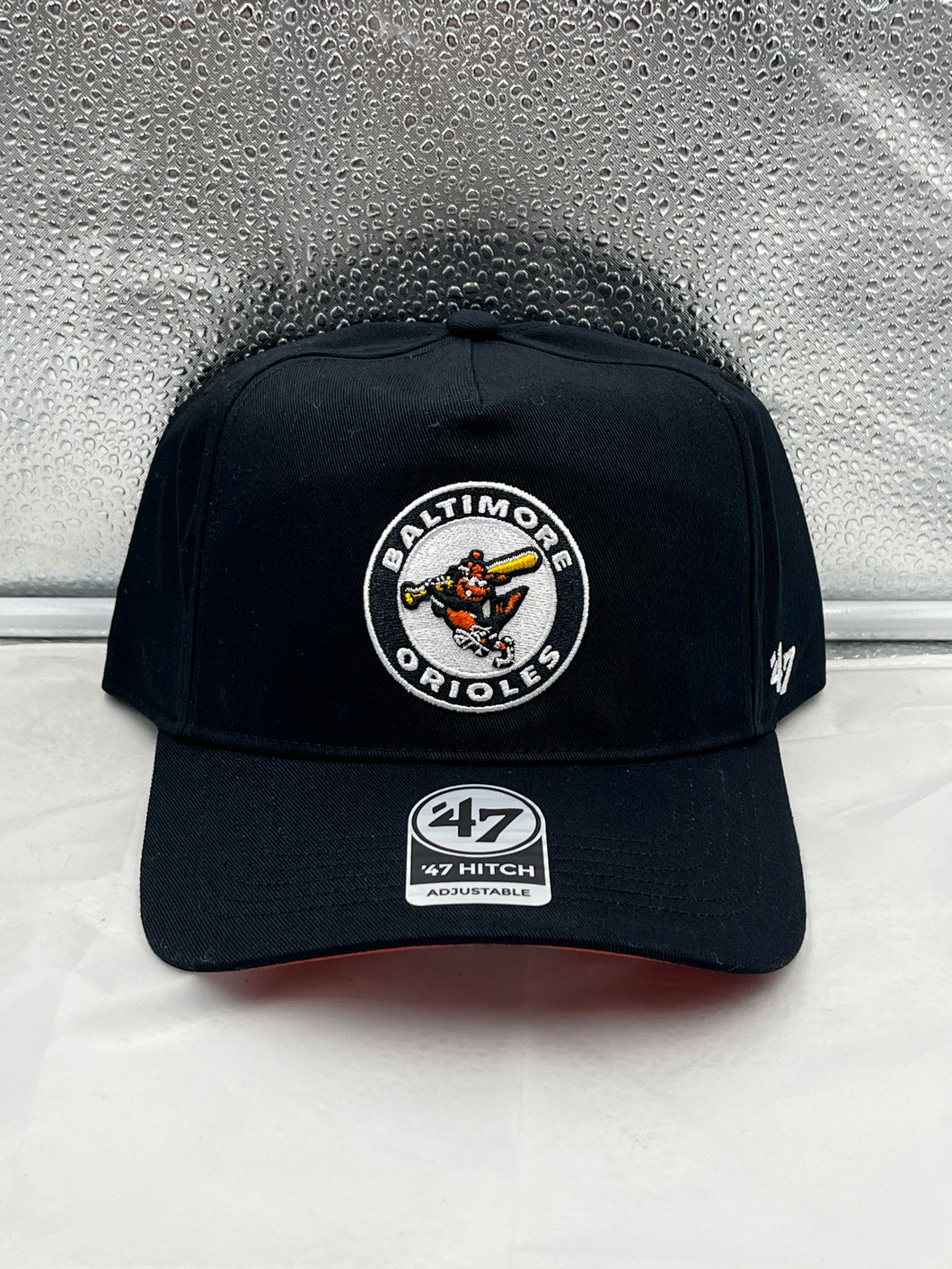 Baltimore Orioles Throwback MLB '47 Brand Black Hitch Adjustable Snapback Hat - Casey's Sports Store