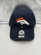 Load image into Gallery viewer, Denver Broncos NFL '47 Brand Navy Blue Clean Up Adjustable Strapback Hat displayed, showcasing the team logo and adjustable strap, perfect for fans looking for a stylish Denver Broncos hat.
