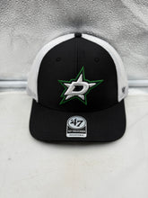 Load image into Gallery viewer, Dallas Stars NHL '47 Brand Black Mesh Trucker Adjustable Snapback Hat showcasing the team's logo, perfect for fans of the Dallas Stars hat.
