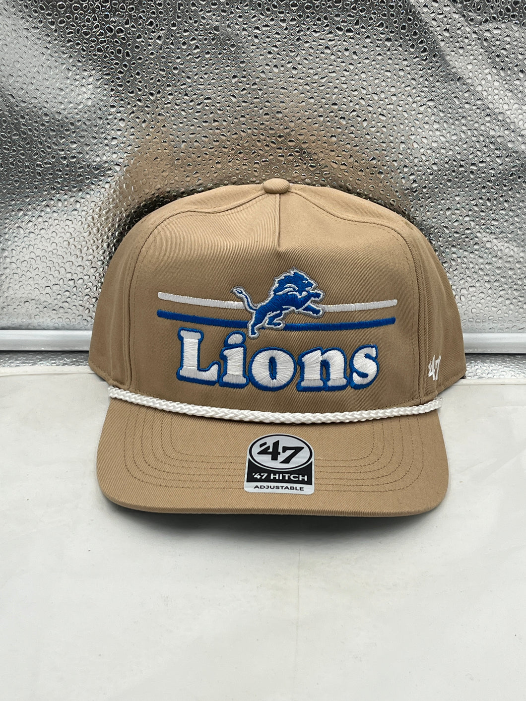 Detroit Lions NFL '47 Brand Khaki Rope Hitch Snapback Adjustable Hat featuring a classic rope detail, perfect for showcasing team spirit.