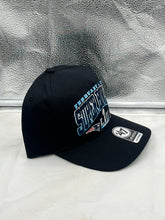 Load image into Gallery viewer, Close-up view of the Eagles Vs Patriots 2017 Super Bowl Dueling NFL &#39;47 Black Hitch Adjustable Hat featuring high-quality embroidery of the NFL logo.
