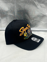 Load image into Gallery viewer, Packers Vs Patriots 1996 Super Bowl Dueling NFL &#39;47 Black Hitch Adjustable Hat displayed at an angle, highlighting the adjustable strap for personalized fit.
