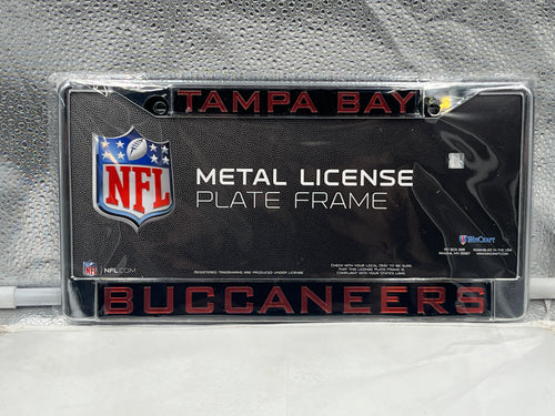 Tampa Bay Buccaneers NFL Laser Cut License Plate Frame by WinCraft, showcasing a durable design with the iconic team logo, perfect for displaying team pride on any vehicle.