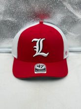 Load image into Gallery viewer, Louisville Cardinals NCAA '47 Brand Red Trucker Mesh Adjustable Snapback Hat showcasing the vibrant red color and iconic team logo, perfect for fans of the Louisville Cardinals.
