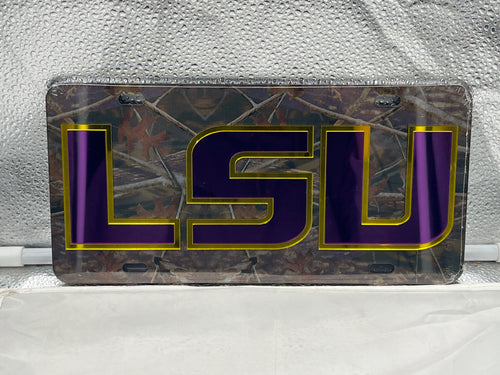 LSU Tigers NCAA Camo Mirrored Laser Cut License Plate Craftique - Casey's Sports Store