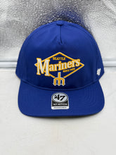 Load image into Gallery viewer, Seattle Mariners MLB '47 Brand Throwback Blue Hitch Adjustable Snapback Hat — Seattle Mariners hat front view
