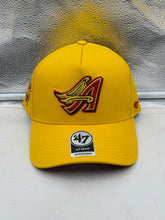 Load image into Gallery viewer, Los Angeles Angels MLB '47 Brand Throwback Yellow MVP Adjustable Snapback Hat displayed in a flat layout, showcasing vintage style and vibrant yellow color, perfect for fans and collectors of the Los Angeles Angels hat.
