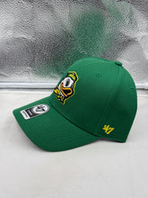 Load image into Gallery viewer, Close-up view of the Oregon Ducks NCAA '47 Brand Green MVP Adjustable Strapback Hat showcasing the quality stitching and team logo.
