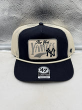 Load image into Gallery viewer, Front view of the New York Yankees MLB '47 Brand Blue Hitch Mesh Adjustable Snapback Hat showcasing authentic New York Yankees graphics.
