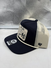 Load image into Gallery viewer, Side view of the New York Yankees MLB '47 Brand Blue Hitch Mesh Adjustable Snapback Hat highlighting the breathable hitch mesh fabric.
