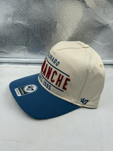 Load image into Gallery viewer, Close-up view of the Colorado Avalanche NHL '47 Throwback Natural TT Hitch Adjustable Snapback Hat's snapback mechanism, emphasizing adjustable fit for all-day comfort.
