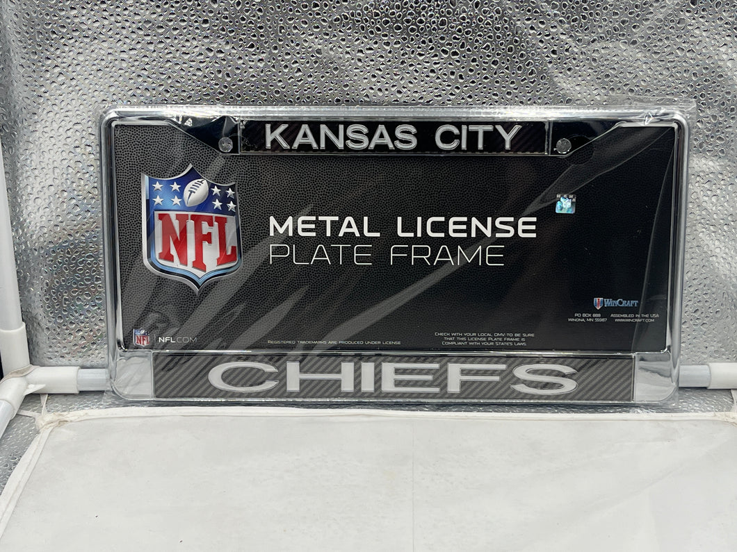 Kansas City Chiefs NFL Black Laser Cut License Plate Frame by Wincraft showcasing durable design and iconic team logo for vehicle decoration.