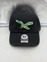 Load image into Gallery viewer, Front view of the Philadelphia Eagles NFL '47 Brand Throwback Black Clean Up Adjustable Hat showcasing the iconic Eagles logo.
