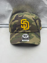 Load image into Gallery viewer, San Diego Padres MLB '47 Brand Camo Clean Up Adjustable Hat displayed with camo pattern, perfect for dedicated fans.
