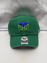 Load image into Gallery viewer, Hartford Whalers NHL '47 Brand Throwback Green Clean Up Adjustable Hat displayed from the front view showcasing the iconic logo.
