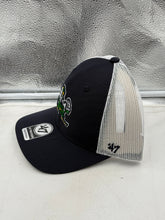 Load image into Gallery viewer, Notre Dame Fighting Irish NCAA '47 Brand Navy Adjustable Trucker Snapback Hat - Side view to highlight the trucker mesh design.
