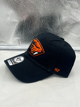 Load image into Gallery viewer, Close-up of the Oregon State Beavers NCAA &#39;47 Brand Black Clean Up Adjustable Hat highlighting the adjustable strap for a customized fit and breathable fabric for comfort.
