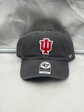 Load image into Gallery viewer, Indiana Hoosiers NCAA &#39;47 Brand Gray Clean Up Adjustable Hat displayed on a wooden table, showcasing its relaxed fit and iconic team logo.
