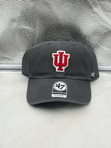 Indiana Hoosiers NCAA '47 Brand Gray Clean Up Adjustable Hat displayed on a wooden table, showcasing its relaxed fit and iconic team logo.