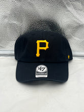 Load image into Gallery viewer, Pittsburgh Pirates MLB &#39;47 Brand Black Clean Up Adjustable Strapback Hat displayed on a mannequin, showcasing its stylish design and adjustable strap.
