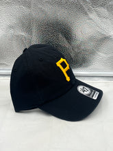 Load image into Gallery viewer, Side view of the Pittsburgh Pirates MLB &#39;47 Brand Black Clean Up Adjustable Strapback Hat showcasing its relaxed silhouette and premium quality materials.
