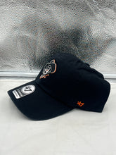 Load image into Gallery viewer, Close-up view of the Oklahoma State Cowboys NCAA &#39;47 Brand Throwback Black Clean Up Adjustable Hat featuring adjustable strap for a comfortable fit and made from durable materials.
