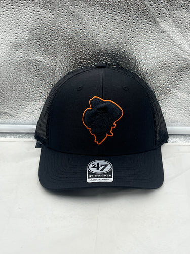 Oklahoma State Cowboys NCAA '47 Brand Throwback Black Trucker Adjustable Hat showcasing front view with the iconic team logo for game days and casual wear.