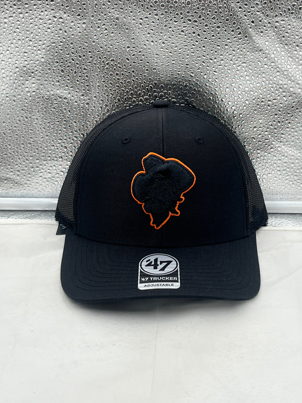 Oklahoma State Cowboys NCAA '47 Brand Throwback Black Trucker Adjustable Hat showcasing front view with the iconic team logo for game days and casual wear.