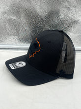 Load image into Gallery viewer, Oklahoma State Cowboys NCAA &#39;47 Brand Throwback Black Trucker Adjustable Hat displayed at an angle highlighting the breathable mesh back and adjustable strap for comfort.
