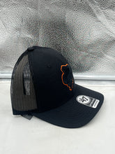 Load image into Gallery viewer, Side angle of the Oklahoma State Cowboys NCAA &#39;47 Brand Throwback Black Trucker Adjustable Hat featuring a breathable mesh back and adjustable strap for comfort.
