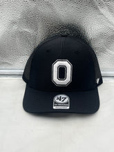 Load image into Gallery viewer, Ohio State Buckeyes NCAA &#39;47 Brand Black Trucker Adjustable Snapback Hat featuring a prominent team logo on the front and breathable mesh back.
