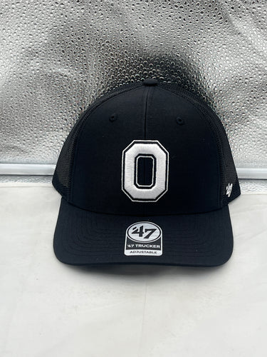 Ohio State Buckeyes NCAA '47 Brand Black Trucker Adjustable Snapback Hat featuring a prominent team logo on the front and breathable mesh back.