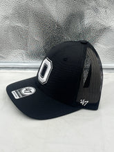 Load image into Gallery viewer, Ohio State Buckeyes NCAA &#39;47 Brand Black Trucker Adjustable Snapback Hat showcasing its adjustable snapback closure for a customizable fit.
