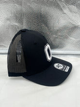 Load image into Gallery viewer, Ohio State Buckeyes NCAA &#39;47 Brand Black Trucker Adjustable Snapback Hat Side View highlighting the breathable mesh design.
