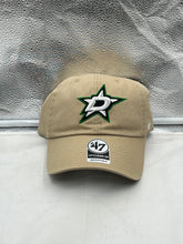 Load image into Gallery viewer, Dallas Stars NHL &#39;47 Brand Khaki Clean Up Adjustable Strapback Hat displayed on a white background, showcasing the embroidered team logo and adjustable strap.
