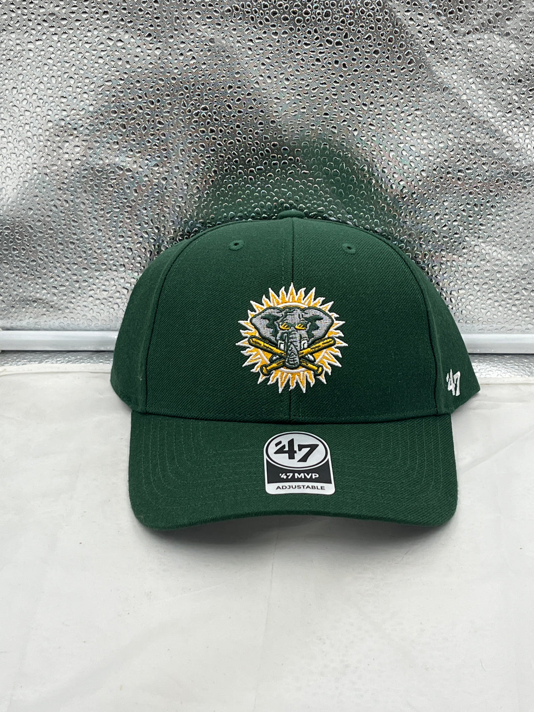 Oakland Athletics MLB '47 Brand Throwback Green MVP Adjustable Hat showcasing its vibrant green color and classic design, perfect for baseball fans.